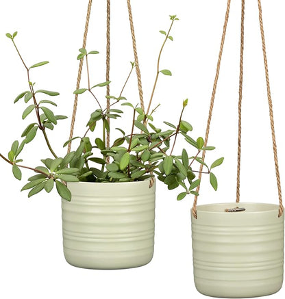 SCHEURICH Set of 2 Silent Green Cottage Ceramic Hanging Plant Pot 6.5" - with 22" Sisal Rope Hanger - Waterproof&Break-Resistant, for Indoor&Outdoor Plants, Succulents&Flowers - Made in Germany -0.7gl
