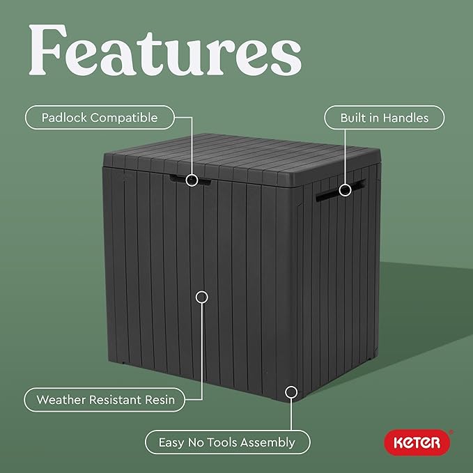 Keter City 30 Gallon Resin Outdoor Storage Box and Patio Furniture Side Table for Pool and Garden Accessories, Dark Grey