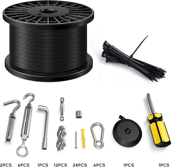 String Light Hanging Kit with 600FT Vinyl Coated Stainless Steel 304 Wire Rope Suspension Kit Included Enough Accessories with Turnbuckles and Hooks for Patio, Garden and Wedding Lighting