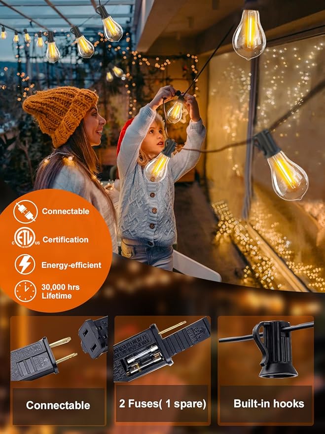 DAMAING LED String Lights Outside 36FT Weatherproof Patio Lights with 22 shatterproof dimmable Bulbs 2200K, Energy Saving Outdoor Lighting for Wedding,Party,Holiday,Backyard,2200K Black Cord.