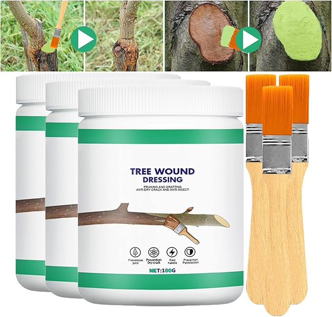 Tree Wound Sealer, Tree Pruning Sealer, Tree Grafting Supplies, Tree Wound Sealer Healing Paste, Bonsai Cut Paste, Pruning Sealer And Tree Wound Dressing for Trees, Shrubs, Roses (3Pcs*100g +3*Brush)