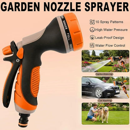 Garden Hose Nozzle with Adjustable 10 Watering Patterns,Hose Spray Nozzle with Slip Resistant High Pressure,Water Hose Nozzles Sprayer for Plants & Lawns Watering,Car Washing and Pet Showering Orange
