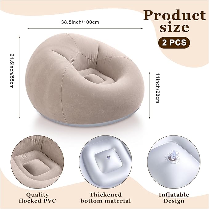 Realspring Inflatable Bean Bag Chairs Outdoor Blow up Camping Chairs Inflatable Lazy Sofa Folding Portable Bean Bag Loungers Couch for Movie Night(Coffee,2 Pcs)