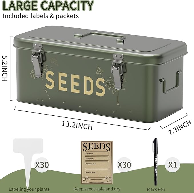 Orionstar Seed Storage Organizer, Metal Seed Saving Box with Lid, Seed Bin with 30 Plant Labels 30 Seed Envelopes 1 Marker Pens, 4 Compartments Box with Safety Locks, Blackish Green