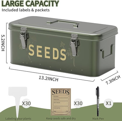 Orionstar Seed Storage Organizer, Metal Seed Saving Box with Lid, Seed Bin with 30 Plant Labels 30 Seed Envelopes 1 Marker Pens, 4 Compartments Box with Safety Locks, Blackish Green