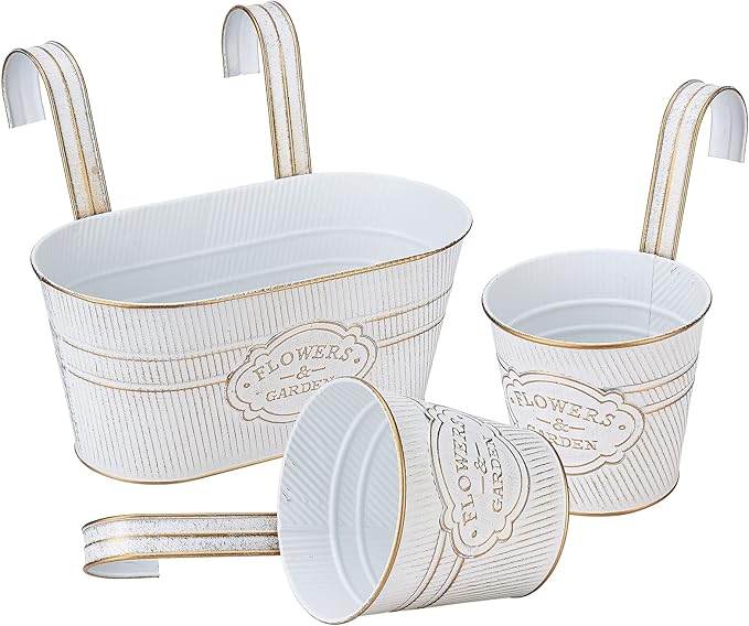 PerGar Vintage Metal Iron Wall Hanging Flower Pots, Rustic Planter Bucket Herb Flower Plant Holder with Detachable Hooks & Drainage Hole for Railing Fence Balcony Deck Garden Home Decoration, Set of 3