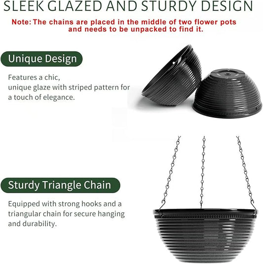 2 Pack Hanging Planters for Indoor Outdoor Plants, 10 Inch Hanging Planter with Drainage Hole & Plug Glazed Hanging Baskets Flower Pots for Garden Home (Black)
