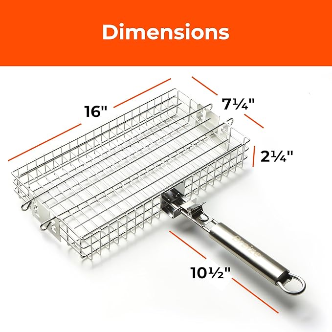 Adjustable Grill Basket w/Removable Handle - 4 Levels of adjustment for endless cooking options - Accessories include basting brush, scrub sponge, & storage bag