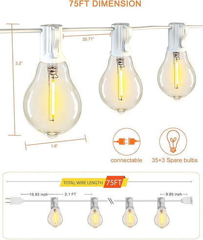 DAMAING Outdoor String Lights 75FT Waterproof Patio Lights with 38 Shatterproof Dimmable Edison LED Bulbs,Connectable Outdoor Lighting for Backyard,Garden and Wedding Outside, 2200K White Cord