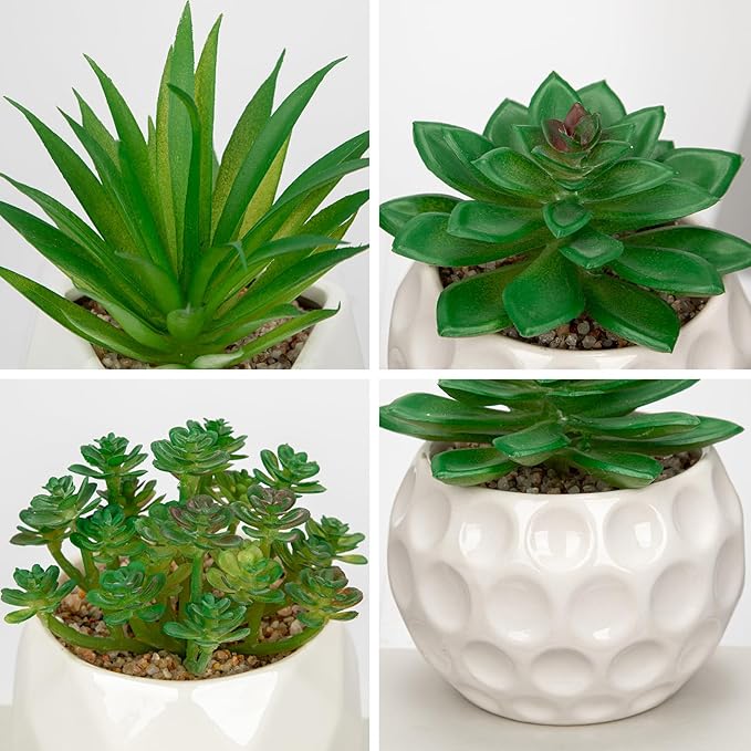 Briful Artificial Succulents Plants in Ceramic Pots, 3 Pack Faux Succulent Set with White Geometric Planters – Modern Desk Decor for Home Office Shelf Bathroom, Small Fake Plants Potted
