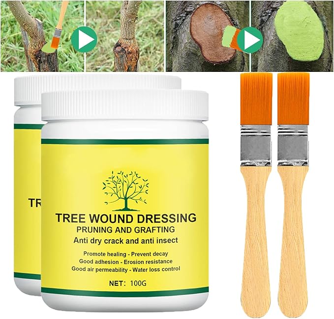 Tree Wound Sealer, Tree Pruning Sealer, Tree Grafting Supplies, Tree Wound Sealer Healing Paste, Bonsai Cut Paste, Pruning Sealer And Tree Wound Dressing for Trees, Shrubs, Roses (2Pcs*100g +2*Brush)