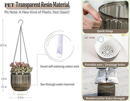 Melphoe 2 Pack Self Watering Hanging Planters Indoor Flower Pots, 6.5 Inch Outdoor Hanging Plant Pot Basket, Plant Hanger with 3Hooks Drainage Holes for Garden Home (Gray)