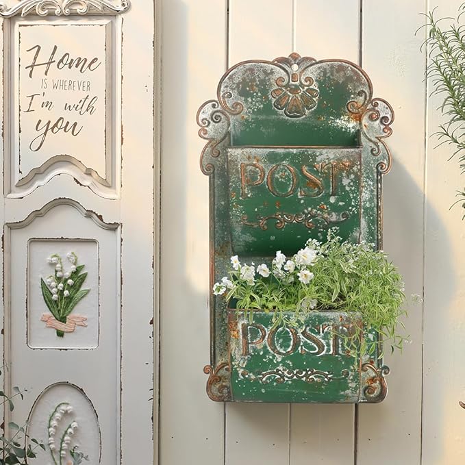 All Chic Wall Hanging Planter Outdoor Wall Planters Metal Wall Planter Flower Pot Double Layer Wall Planters for Indoor Ourtdoor Plants Porch Decor (Green)