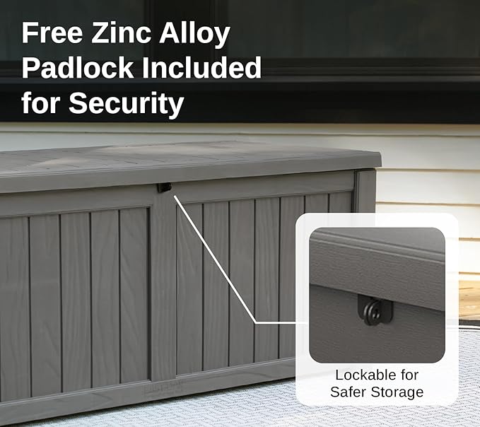 EAST OAK Outdoor Storage Box, 120 Gallon Deck Box with Stainless Steel Rods Large Resin Storage Bin for Patio Cushions, Garden Tools, Waterproof and UV Resistant, Lockable, Grey