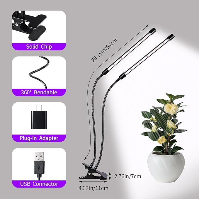 Grow Lights Upgrade 168 LEDs Clip Plant Lights for Indoor Plants, Full Spectrum White+ Red LED Plant Growing Lamps with Flexible Gooseneck, 3/9/12H Timer, 3 Spectral Modes, 10 Dimmable Levels 2 Pack