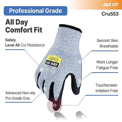 DEX FIT Level 5 Cut Resistant Gloves Cru553, 3D-Comfort Fit, Firm Grip, Thin & Lightweight, Touch-Screen Compatible, Durable, Breathable & Cool, Machine Washable; Blue M (8) 1 Pair