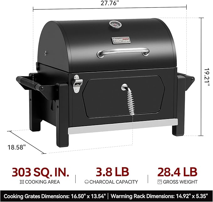 Royal Gourmet CD1519 Portable Charcoal Grill with Warming Rack, Tabletop Charcoal Grill with 303 Sq. In Cooking Area for Outdoor Camping and Picnic Grilling, Black