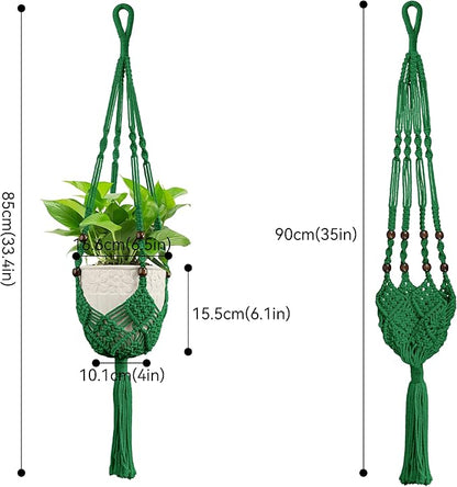 USLAI Macrame Plant Hanger for Indoor Outdoor, Up to 3-6.5 inch Pot, Hanging Planter Flower Pot Holder with Beads and Tassels, Boho Home Decor, 2-Pack, Green