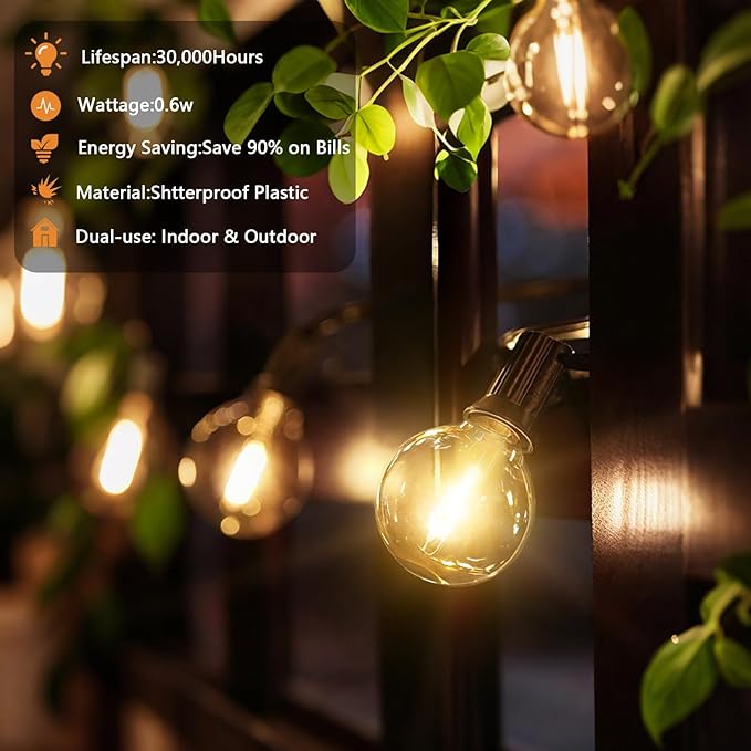 G40 LED Globe Outdoor String Lights 25FT, Waterproof & Shatterproof with 25 Clear Plastic Bulbs (2 Spare), Black Wire,for Cafe Bistro Porch Garden Balcony Party Decor