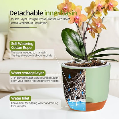 QCQHDU 2 Pack 7.2 Inch Orchid Pots with Holes for Repotting, Double-Layer and Self Watering Orchid Pot with Good Air Circulation