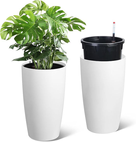 GarveeLife Set of 2 Tall Planters for Outdoor Plants, 22 in Large Planters for Outdoor Indoor Plants with Water Level Monitor ＆ Inner Bucket, Automatic Watering, for Porch, Patio, Backyard, White