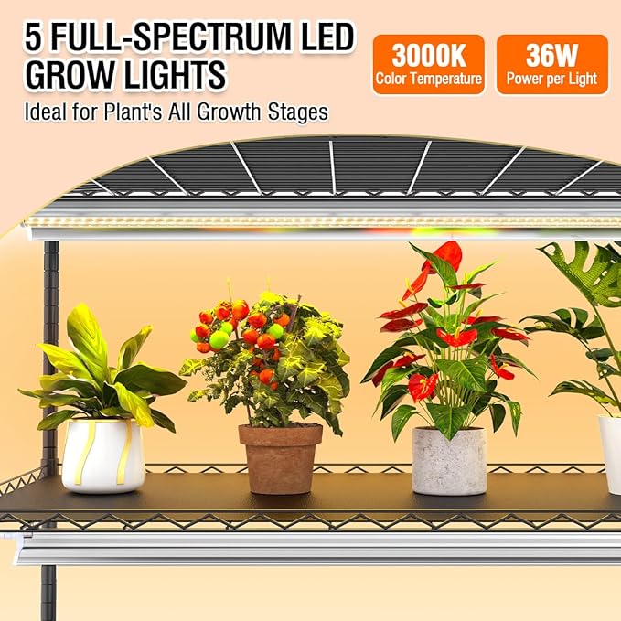 5 Tier Metal Plant Stand with Grow Light & PVC Cover Portable Mini Greenhouse with Shelves Adjustable Small Indoor Green House with Grow Light for Indoor Plants, Seedling Rack 49"x21.6"x79"
