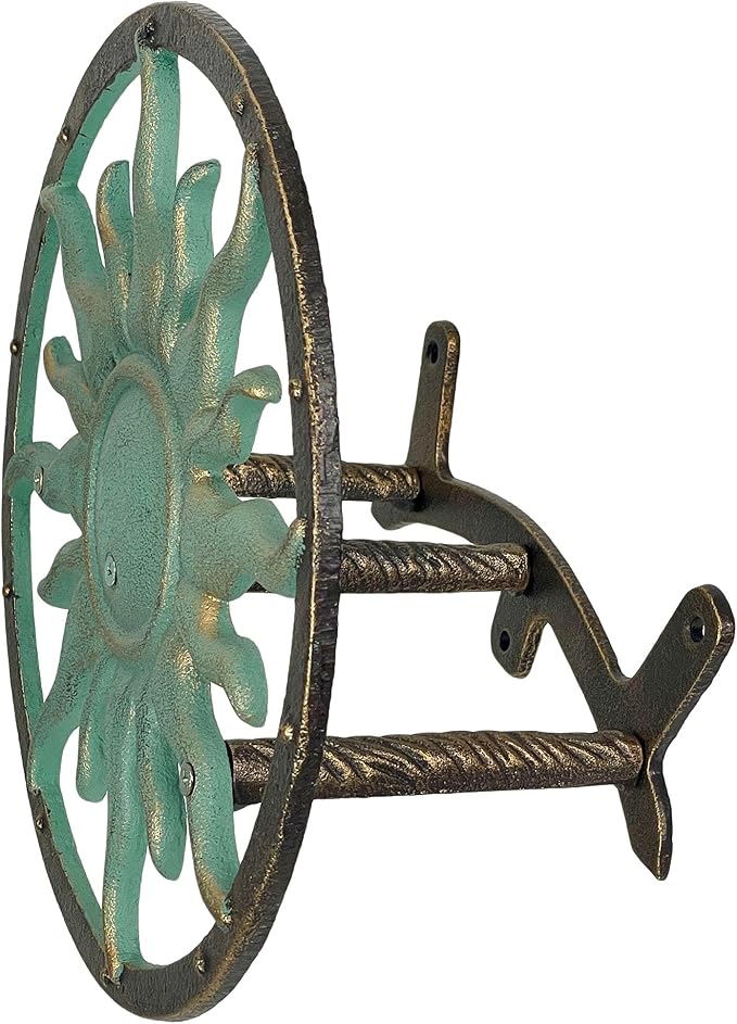 Decorative Sun Cast Iron Hose Holder – Verdigris & Bronze Finish, 11.5 In Heavy Duty Wall Mount Hose Reel, Outdoor Garden Storage Rack for Patio, Lawn, Yard, Weather Resistant, Hardware Included