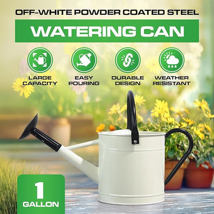 Plexon 1 Gallon Metal Watering Can Outdoor, Flower Plant Gardening Garden Large Watering Can Pot, Black Galvanized Steel Handles and Removable Spray Spout, Off-White