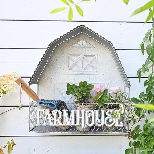 Vintage Rustic Metal Wall Plant Stand Decor Distressed Farmhouse Shaped Wall-Mounted Hanging Planter Holder for Indoor Outdoor Garden Patio Yard