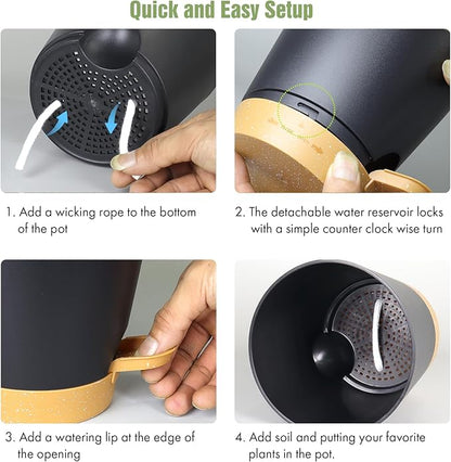 4 inch Self Watering Pots for Indoor Outdoor Plants, 6 Pack Plastic Flower Planters with Drainage Holes and Removable Saucers, Plant Pots with Wicking Rope, Modern Decor, Black Brown