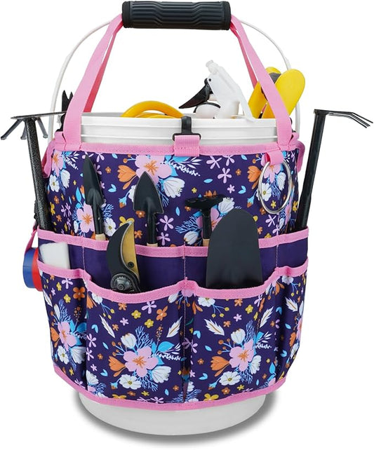 KUNN 5 Gallon Bucket Tool Organizer 18-Pocket Heavy-Duty Bucket Caddy with Hangable Handle & Comfort Grip Pad | Gardening Tool Bag, Garden Organizer Storage Bag Accessory for Gardeners, Purple