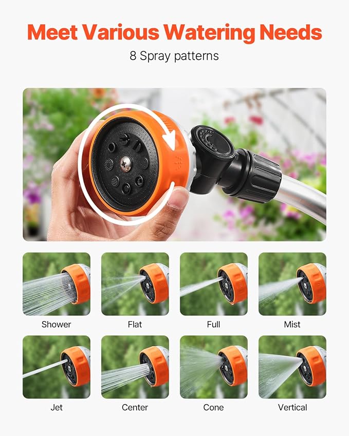 VEVOR Watering Wand, 15-Inch Robust Yard Hose Stick with 8 Spraying Modes & 180° Pivoting Head, Extended Hose Spray Apparatus with Thumb Operated On/Off