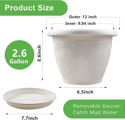 Plastic Flower Pots Planters for Indoor Plants, 4 Pack 12 Inch White Plant Pots with Drainage Hole & Tray, Modern Decorative Large Plant Pot with Saucer for Indoor Outdoor Plants Garden House Planter