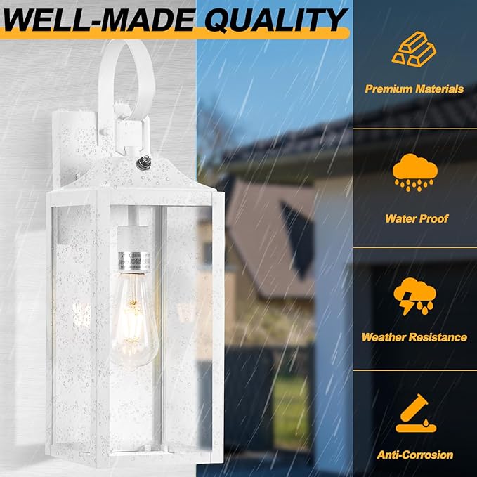 19" Large Dusk to Dawn Outdoor Wall Light, White Outside Farmhouse Wall Sconce, Industrial Wall Mount Light Fixture, Waterproof Modern Porch Lighting Exterior Lamp for House Garage