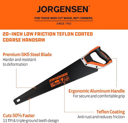 JORGENSEN 20 Inch Black Coated Pro Hand Saw, 11 TPI Fine-Cut Ergonomic Non-Slip Aluminum Ultrasonic Welding Handle for Sawing, Trimming, Gardening, Woodworking, Drywall, Plastic Pipes