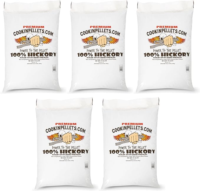 CookinPellets 40-Pound Premium Genuine Hickory Hardwood Grill Smoker Wood Pellets, No Bark, Fillers, and Flavor Oils, for Meat and Veggies (5 Pack)