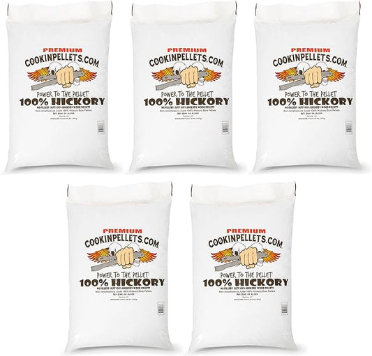 CookinPellets 40-Pound Premium Genuine Hickory Hardwood Grill Smoker Wood Pellets, No Bark, Fillers, and Flavor Oils, for Meat and Veggies (5 Pack)