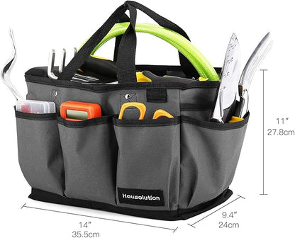 Housolution Gardening Tote Bag, Deluxe Garden Tool Storage Bag and Home Organizer with Pockets, Wear-Resistant & Reusable, 14 Inch, Gray + Black