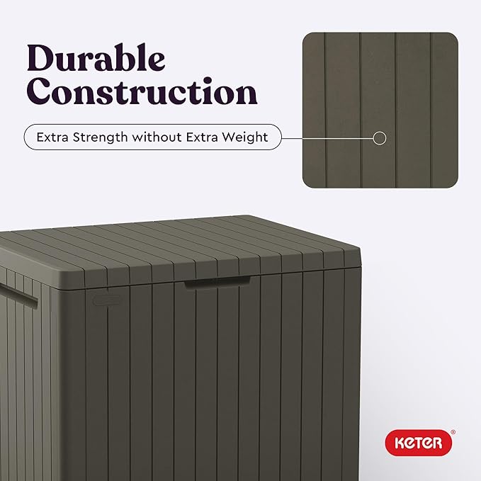 Keter City 30 Gallon Resin Outdoor Storage Box and Patio Furniture Side Table for Pool and Garden Accessories, Taupe