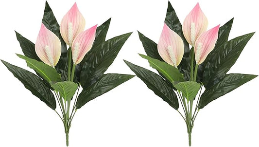 Artificial Peace Lily Plant, Spathiphyllum Artificial Plants with Pink Flowers, 2-Pack 3 Blooms with Green Leaves for Indoor Outdoor Decoration