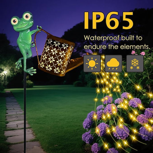 Solar Watering Can with Cascading Lights Outdoor Garden Decor, Frog Shaped Hook Gardening Gifts for Mom Women Grandma Birthday, Solar Lights for Garden Decorations Patio Yard Lawn Backyard