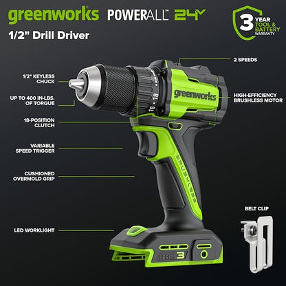 GREENWORKS 24V 1/2" Brushless Cordless Drill (400 In-lbs.), 2.0Ah (12,000mAh Power Bank) USB-C Batteries, 3.3 FT Braided Cable, 30W Charger