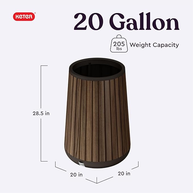 Keter Signature Conic 28.5 Inch Tall Round Large Wood Look Planter for Indoor or Outdoor Flower Pot Ideal for Patio Deck and Front Porch Decor, Rosewood