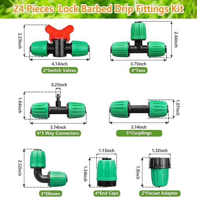 Drip Irrigation Fittings for 1/2 Inch Drip Tubing, 24 Pcs 1/2" Drip Line Barbed Locked Nut Connectors - 5 Couplings 4 Tees 4 Reducing Tees 4 End Caps 3 Elbows 2 Valves 2Pcs 3/4" Faucet Adapters