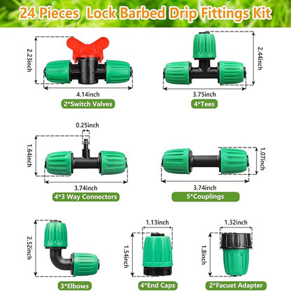 Drip Irrigation Fittings for 1/2 Inch Drip Tubing, 24 Pcs 1/2" Drip Line Barbed Locked Nut Connectors - 5 Couplings 4 Tees 4 Reducing Tees 4 End Caps 3 Elbows 2 Valves 2Pcs 3/4" Faucet Adapters