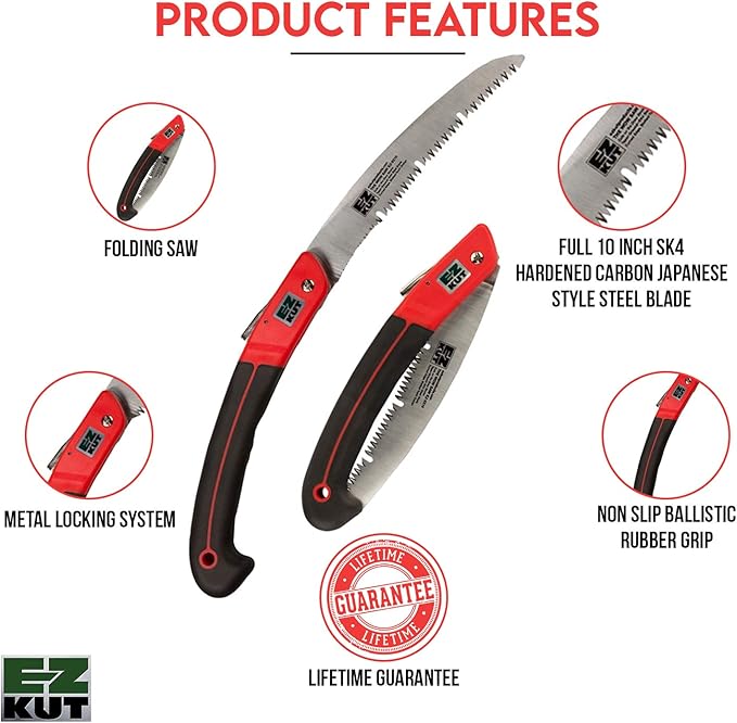 EZ KUT WOW Folding Saw 10” – Heavy-Duty Hand Saw for Tree Trimming, Pruning & Wood Cutting – Compact Foldable Design for Camping, Hunting & Survival – Razor Sharp SK4 Steel Blade