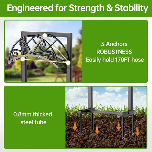 GREENER Garden Hose Holder, Water Hose Holder Holds Max 160ft Hose, Freestanding Hose Hanger, Heavy Duty Metal Hose Stand for Outside Yard Lawn