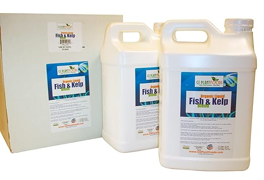 Omri Listed Fish & Kelp Fertilizer by GS Plant Foods (5 Gallons) - Organic Fertilizer for Vegetables, Trees, Lawns, Shrubs, Flowers, Seeds & Plants - Hydrolyzed Fish and Seaweed Blend (5 Gallon)
