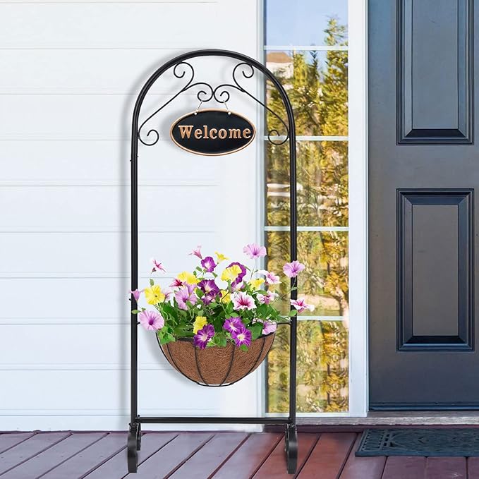 BAYN Metal Welcome Planter Basket Stand with Coco Liner, 39.5” Hanging Planter Stand with Decorative Welcome Sign Outdoor Decor for Garden, Patio, Deck, Entry and Front Porch