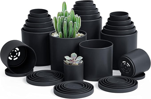D'vine Dev Pack of 20 Plastic Plant Pots (4 Set of 2 Inch, 2.5 Inch, 3 Inch, 3.5 Inch, 4 Inch) Small Garden Planter Pots for Plant with Drainage Holes and Saucers, Black, 74-U-B